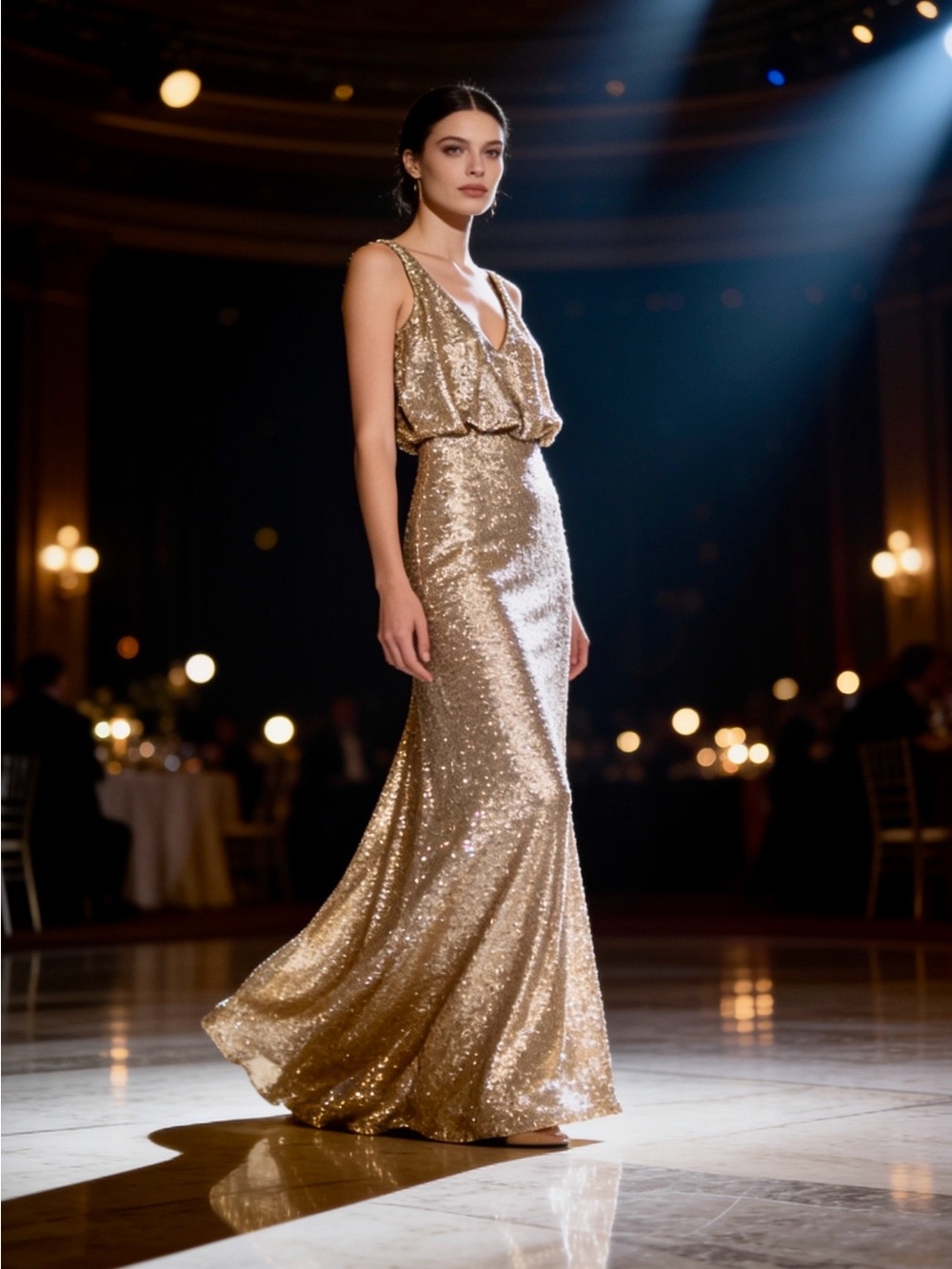 SORELLA VITA Champagne Gold Sequin V-Neck Blouson Maxi Evening Gown / 4